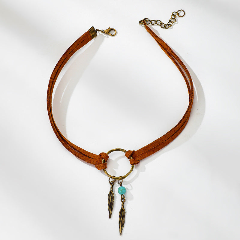 Vintage Alloy Feather Leather Choker Necklace