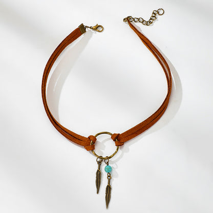 Vintage Alloy Feather Leather Choker Necklace