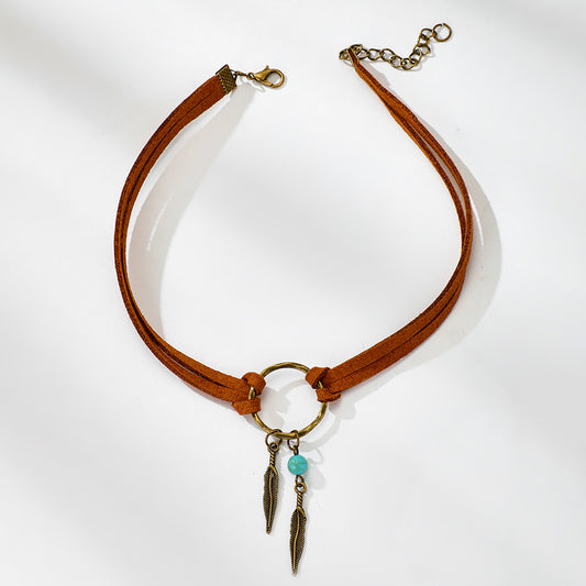 Vintage Alloy Feather Leather Choker Necklace