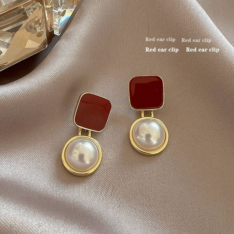 Red Blue Blocks Pearl Stud Earrings Ins French Simplicity