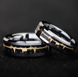 8mm Wide Tungsten Gold Ring Inlaid With ECG Carbon Fiber Jewelry