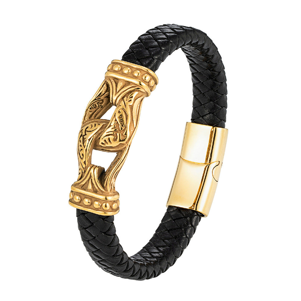 Stainless Steel Jewelry Double Stirrup Tibetan Men's Authentic Leather Weave Bracelet