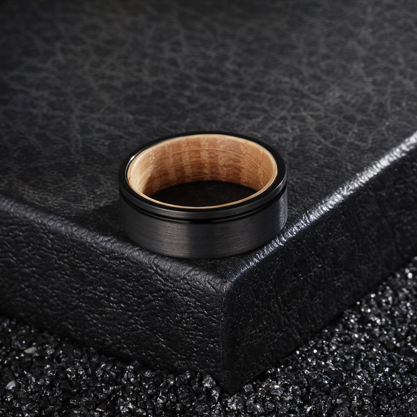 Men's Groove Ring 8mm Black Tungsten Steel Wine Barrel Wood