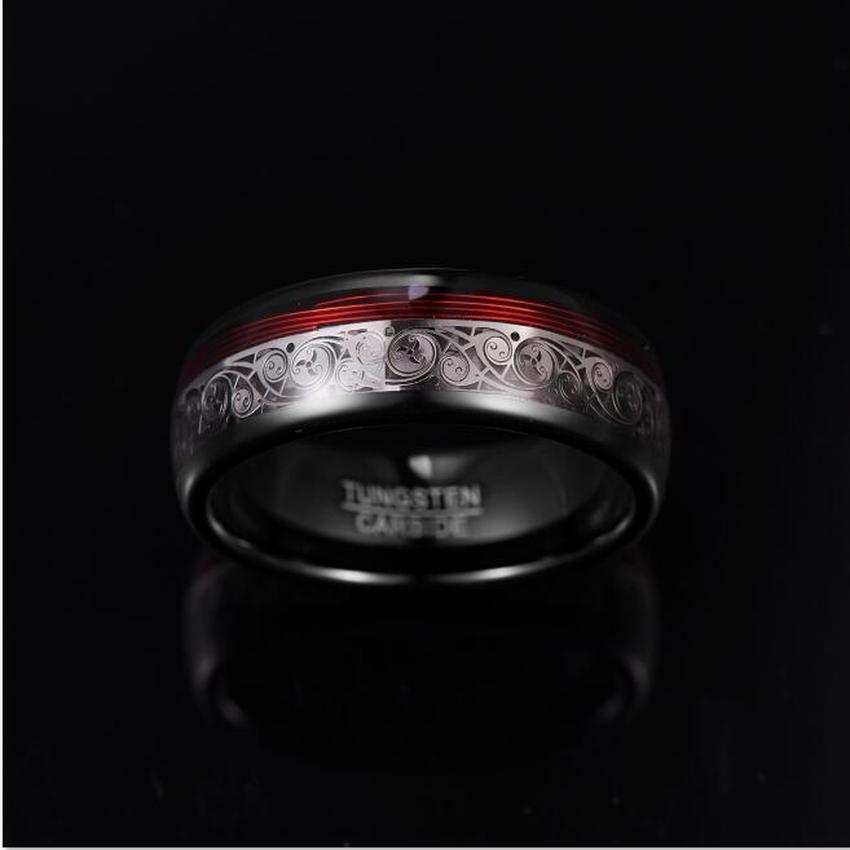 8mm Wide Electroplated Black Spiral Red Guitar String Tungsten Steel Ring