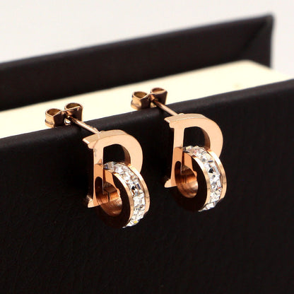Letter Square Diamond Double Ring Rose Gold Stud Earrings