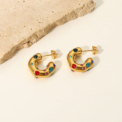 Stainless Steel Stud Earrings Set With Colored Zircon Shaped