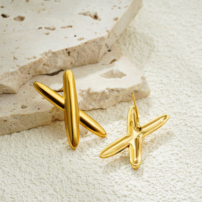 Simple Glossy Stainless Steel 18K Gold Cross Earrings