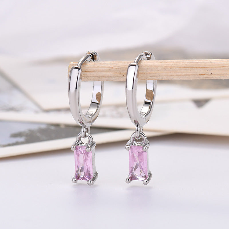 Silver Pin Rectangular Colored Zirconia Earrings