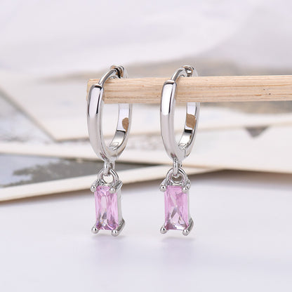 Silver Pin Rectangular Colored Zirconia Earrings