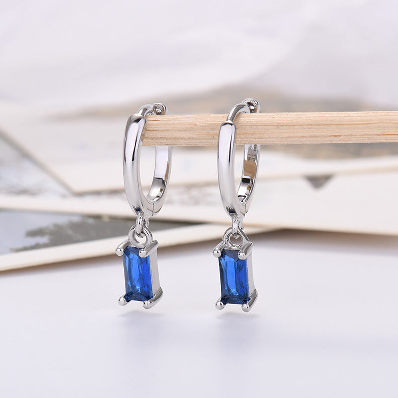 Silver Pin Rectangular Colored Zirconia Earrings