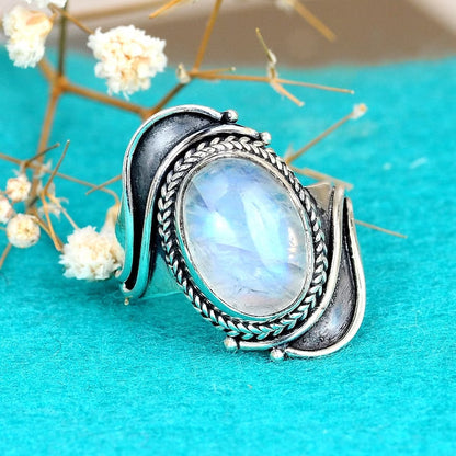 Mingcheng Bohemian Geometric Pattern Moonstone Ring