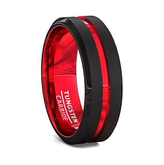 Men's 8mm Black and Red Tungsten Carbide Ring Matte Finish Beveled Edges
