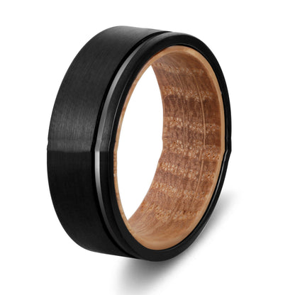 Men's Groove Ring 8mm Black Tungsten Steel Wine Barrel Wood