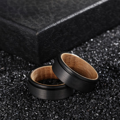 Men's Groove Ring 8mm Black Tungsten Steel Wine Barrel Wood
