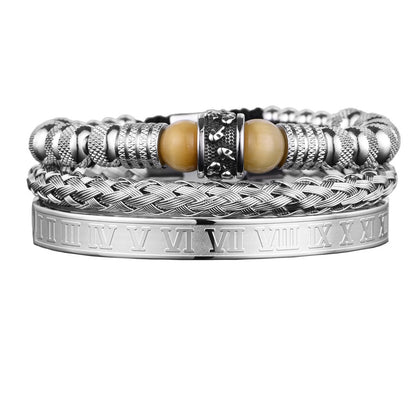 Stainless Steel Skull Head Spacer Beads Tiger-eye Blue Bracelet Set