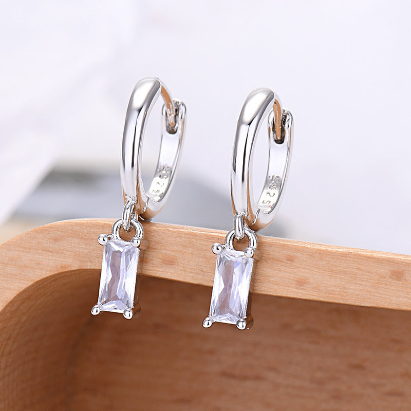 Silver Pin Rectangular Colored Zirconia Earrings