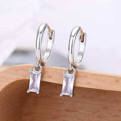 Silver Pin Rectangular Colored Zirconia Earrings