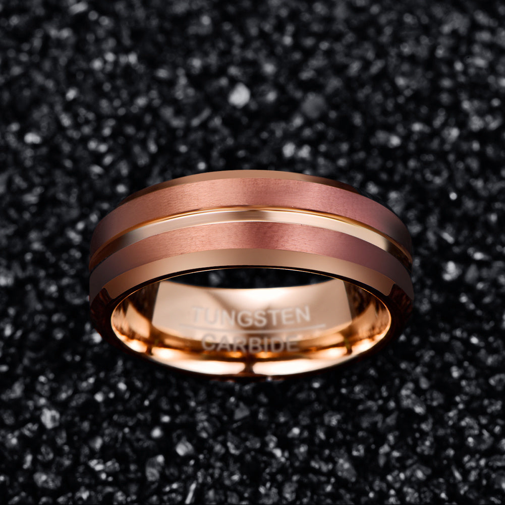 Brown Rose Gold Middle Groove Beveled Tungsten Steel Ring