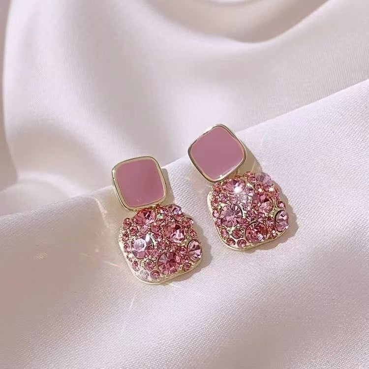 Oil Dripping Full Diamond Square Earrings Light Luxury High-end Fashion Simple