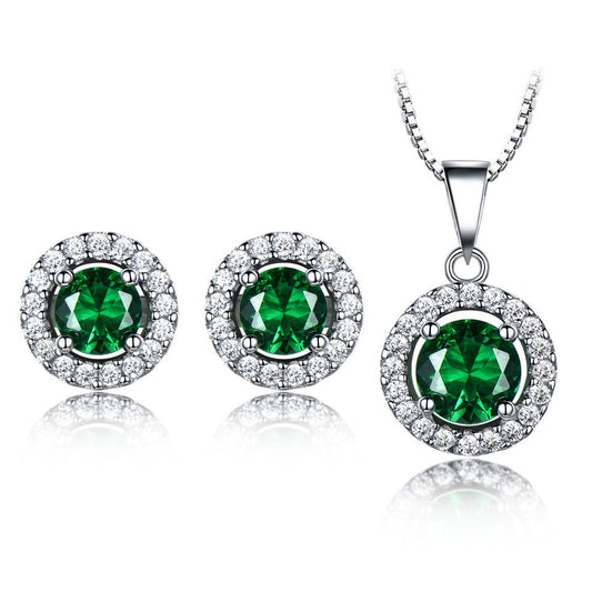 Emerald 925 Sterling Silver Round Earrings Pendants Two-Piece Outfit