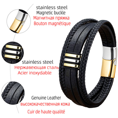 Casual Leather Stainless Steel Magnet Buckle Braided Bracelet
