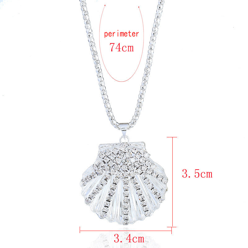 Metal Fan Shell Rhinestone Long Necklace