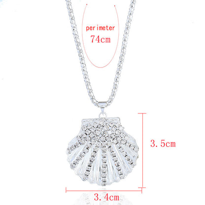 Metal Fan Shell Rhinestone Long Necklace