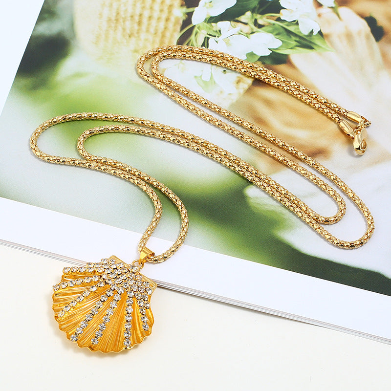 Metal Fan Shell Rhinestone Long Necklace