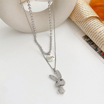 Double Decorative Titanium Steel Necklace Light Luxury Niche Long Diamond Rabbit Pendant Letter Necklace