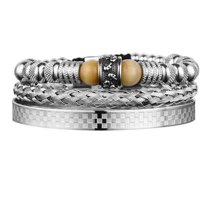 Stainless Steel Skull Head Spacer Beads Tiger-eye Blue Bracelet Set