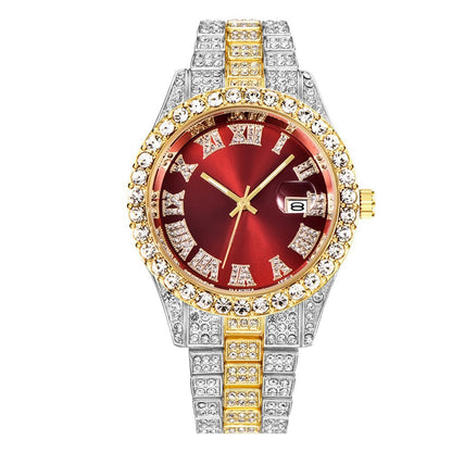 Diamond Roman Steel Belt Calendar Men's Quartz Watch