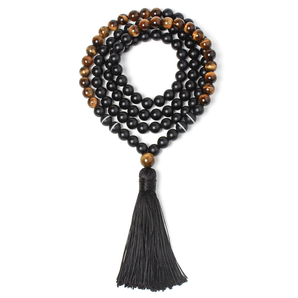 Stone rosary black agate tassel necklace long necklace sweater chain