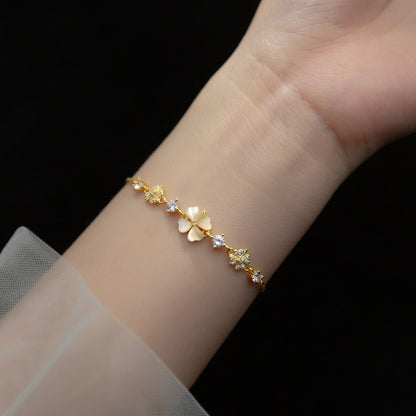 Silver Diamond Four Petal Flower Synthetic Opal Women's Bracelet