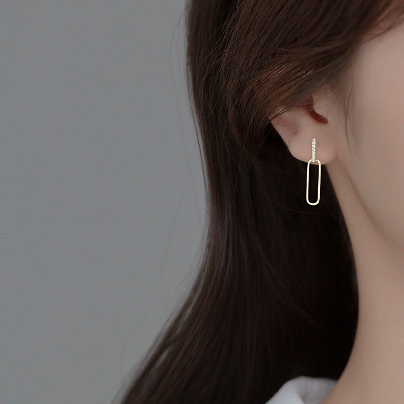 S925 Silver Geometric Hollow Line Diamond Oval Earrings Women