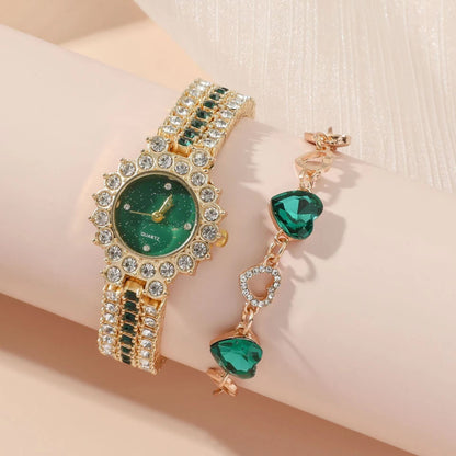 Beliebte kleine grüne Uhr Damen Stahlgürtel Quarzuhr Ring Geschenkset Boxed Fünfteiliges Set