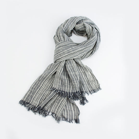 Cotton And Linen Scarf Japanese Literary Style Striped Fringed Drape