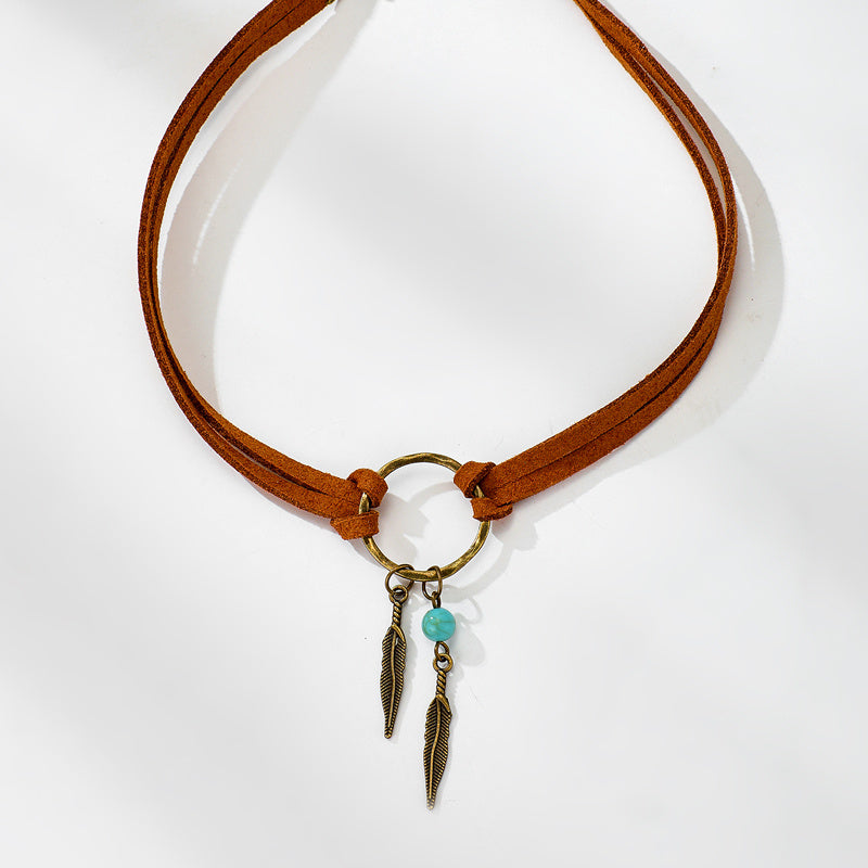 Vintage Alloy Feather Leather Choker Necklace
