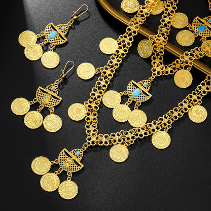 مجموعة واحدة من قلادة وأقراط شرابة من الذهب عيار 18 قيراطًا بتصميم عتيق وعملة معدنية ومجموعة متعددة الطبقات من الشرق الأوسط، مناسبة للهدايا في العطلات والتجمعات وحفلات الزفاف.