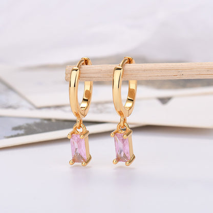 Silver Pin Rectangular Colored Zirconia Earrings