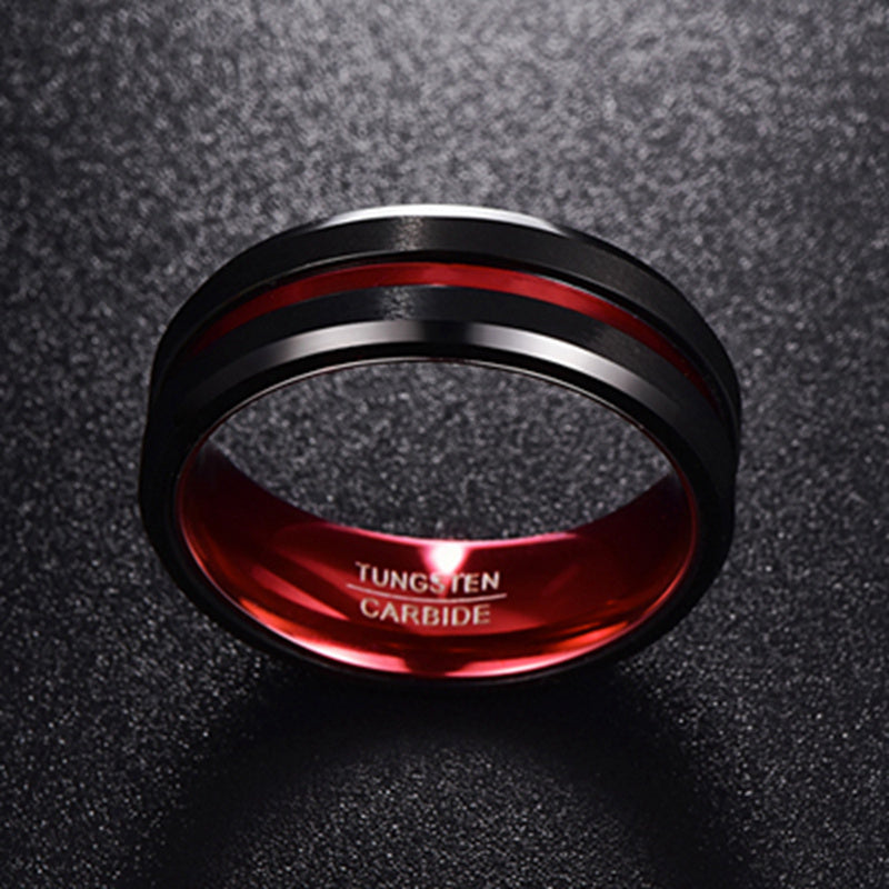 Men's 8mm Black and Red Tungsten Carbide Ring Matte Finish Beveled Edges