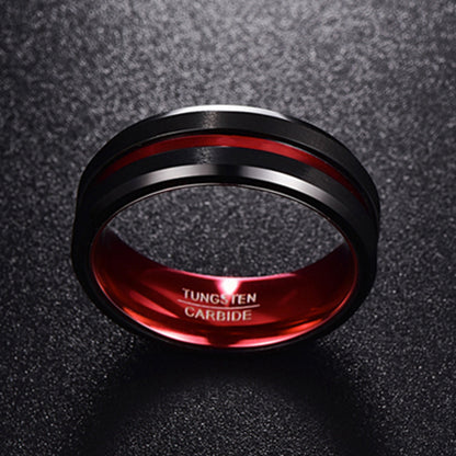 Men's 8mm Black and Red Tungsten Carbide Ring Matte Finish Beveled Edges