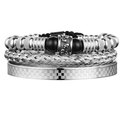 Stainless Steel Skull Head Spacer Beads Tiger-eye Blue Bracelet Set