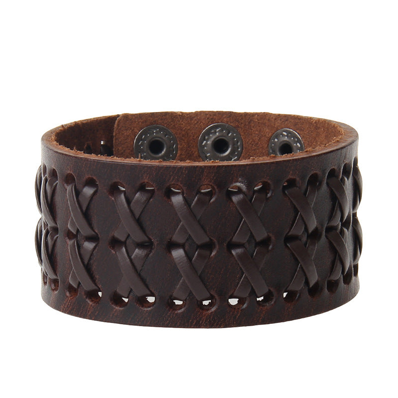 Retro Wide Leather Hand-strung Bracelet For Men And Women
