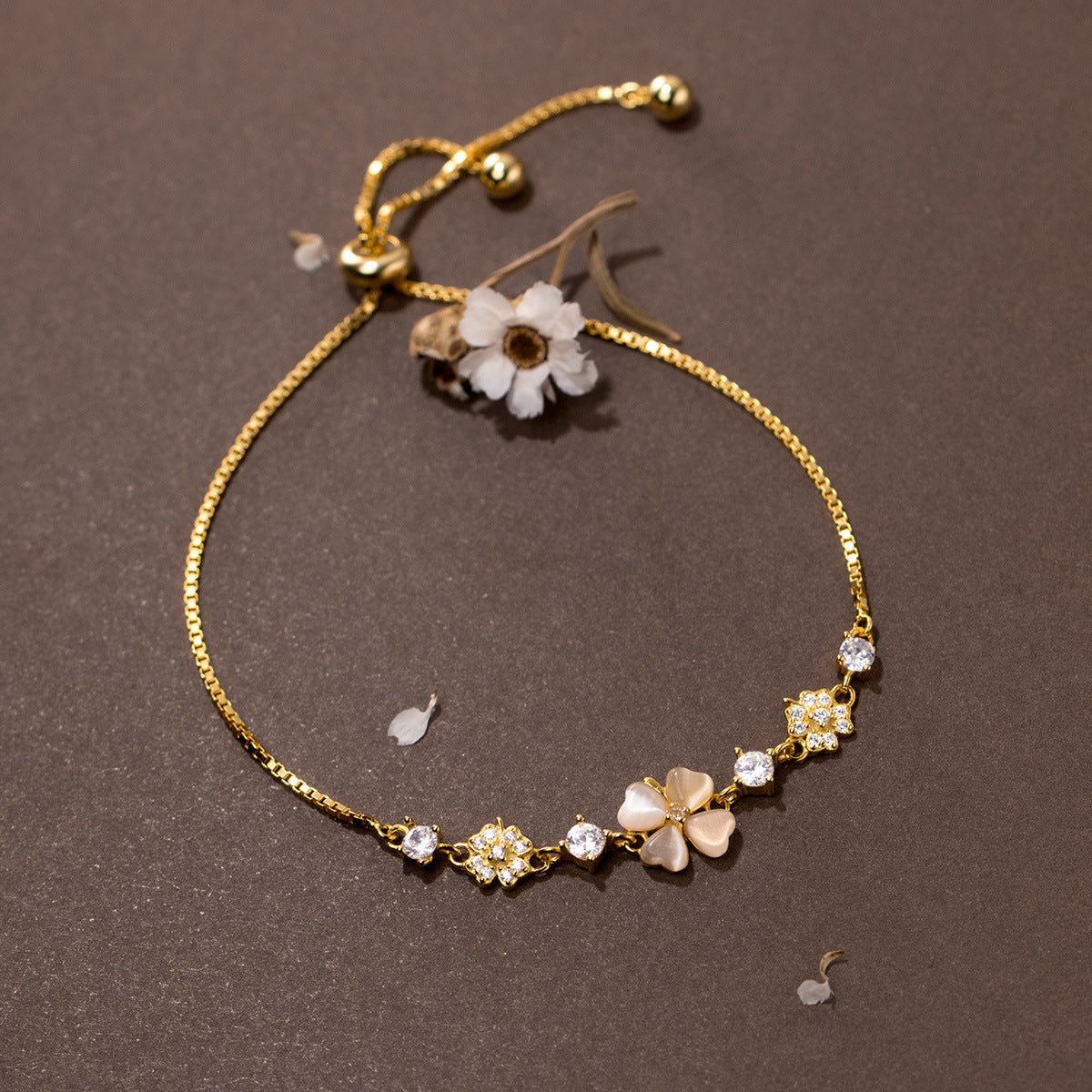 Silver Diamond Four Petal Flower Synthetic Opal Women's Bracelet