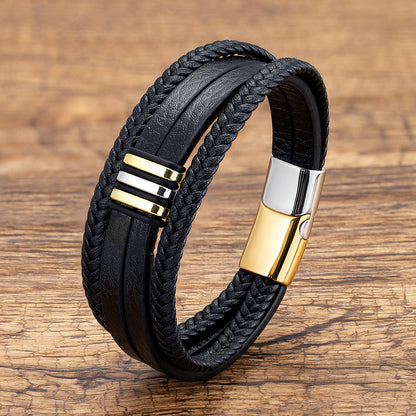 Casual Leather Stainless Steel Magnet Buckle Braided Bracelet