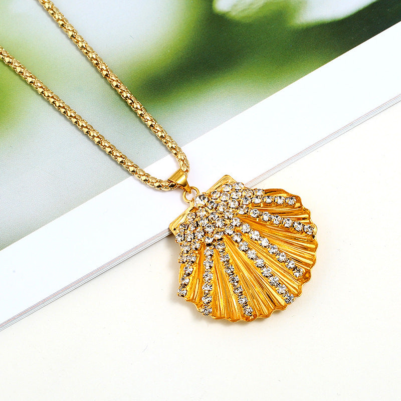 Metal Fan Shell Rhinestone Long Necklace