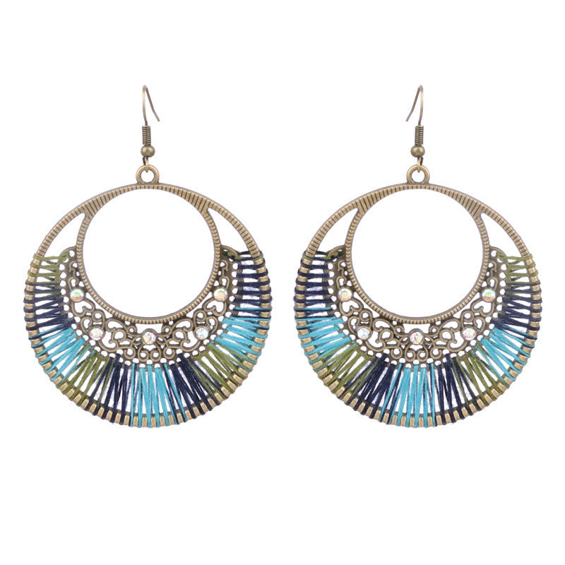 Ethnic Style Earrings Handmade Woven Hollowed Round Ring Earrings
