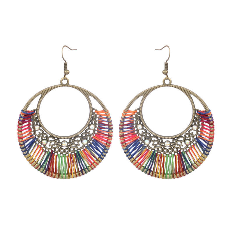 Ethnic Style Earrings Handmade Woven Hollowed Round Ring Earrings