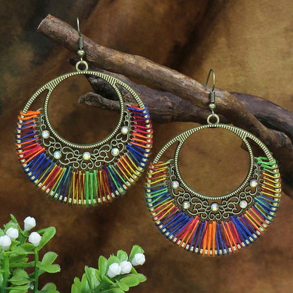Ethnic Style Earrings Handmade Woven Hollowed Round Ring Earrings