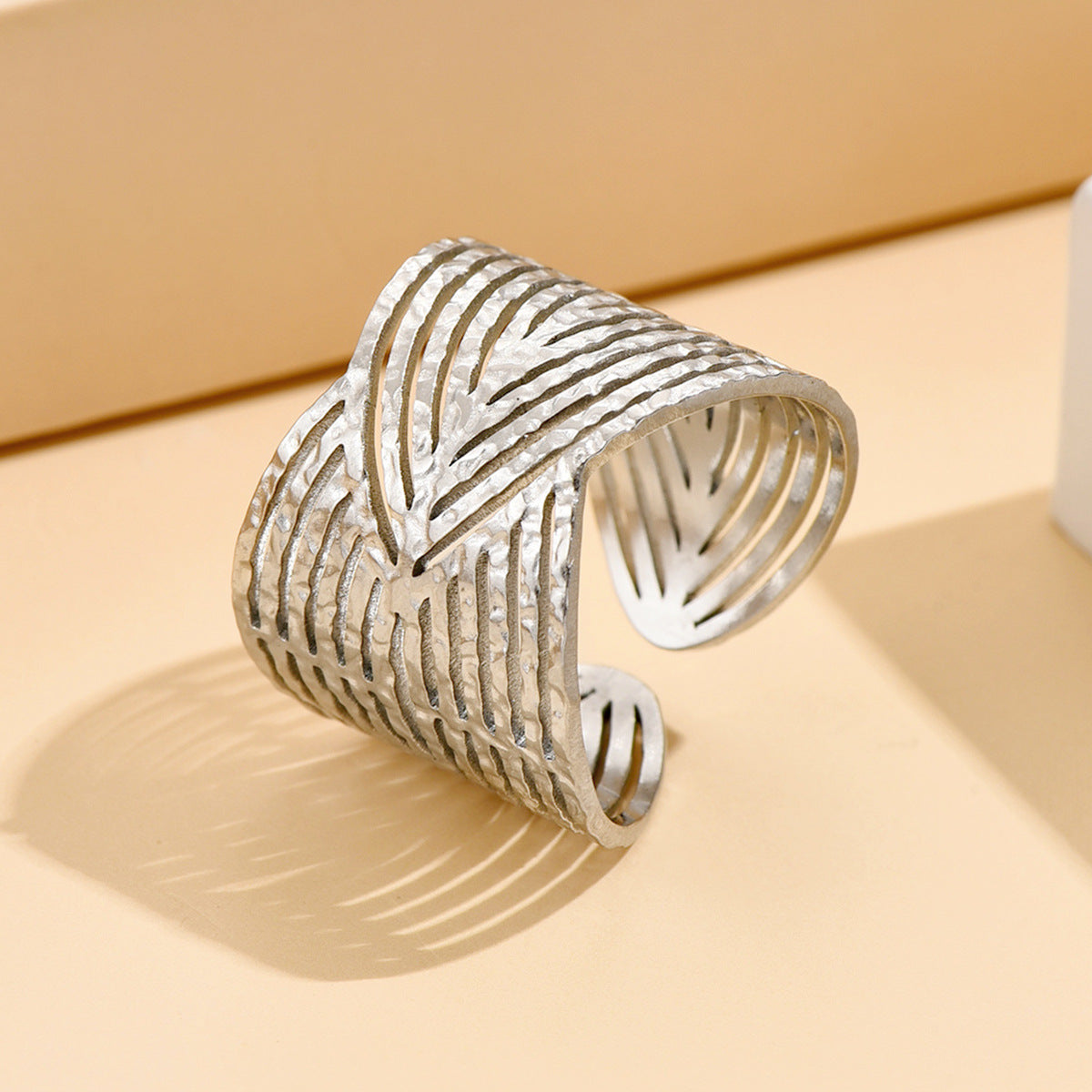 Elegant Retro Twin Style Wide Surface Stainless Steel Ring Female Adjustable